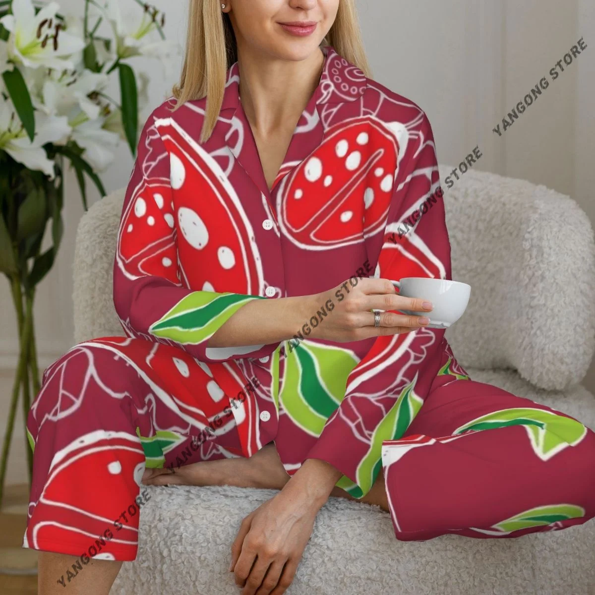 

Women Sleepwear Pajamas Cute Ladybird Pattern Long Sleeve Pijama Female Set Negligee Cardigan Suit