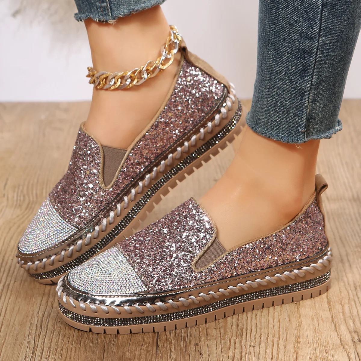 Women's casual shoes large size spring style loafers women's round toe thick bottom flat rhinestone fashionable women's shoes
