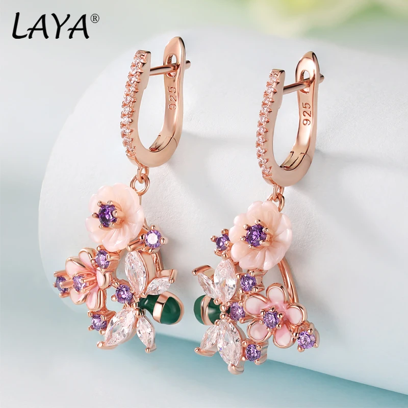 

Laya 925 Sterling Silver Summer Hot Style Jewelry High Quality Zircon Natural Shell Flower butterfly Enamel Earrings For Women