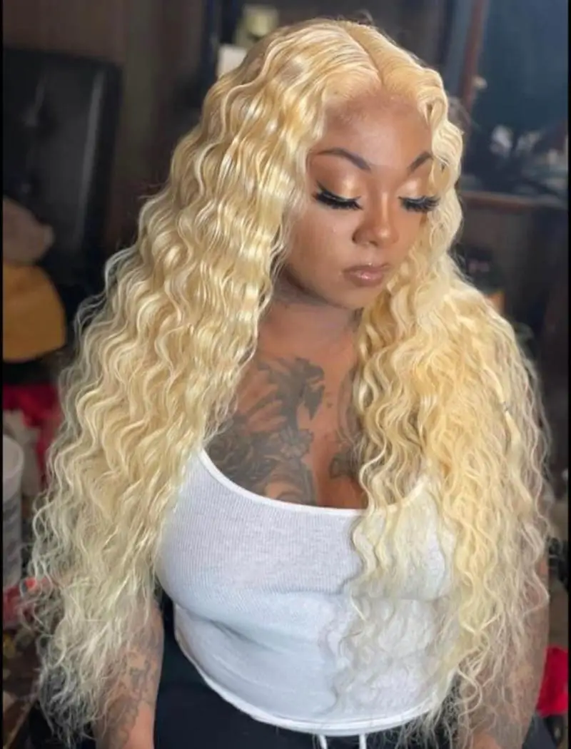 30 40 inch full brazilian deep wave 613 ash blonde kinky curly preplucked  wigs 13x6 hd lace frontal human hair wig for women