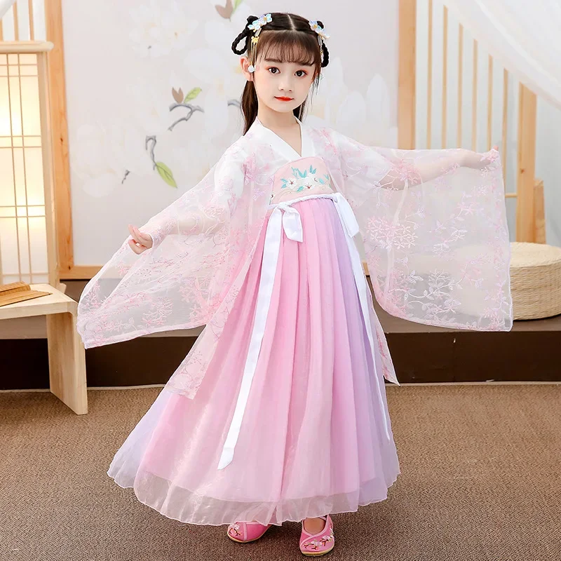 WATER Hanfu Girls Children's Kids Ancient Chinese Costume Cherry Blossoms Princess Summer Dresses Cosplay Fairy Skirt Folk