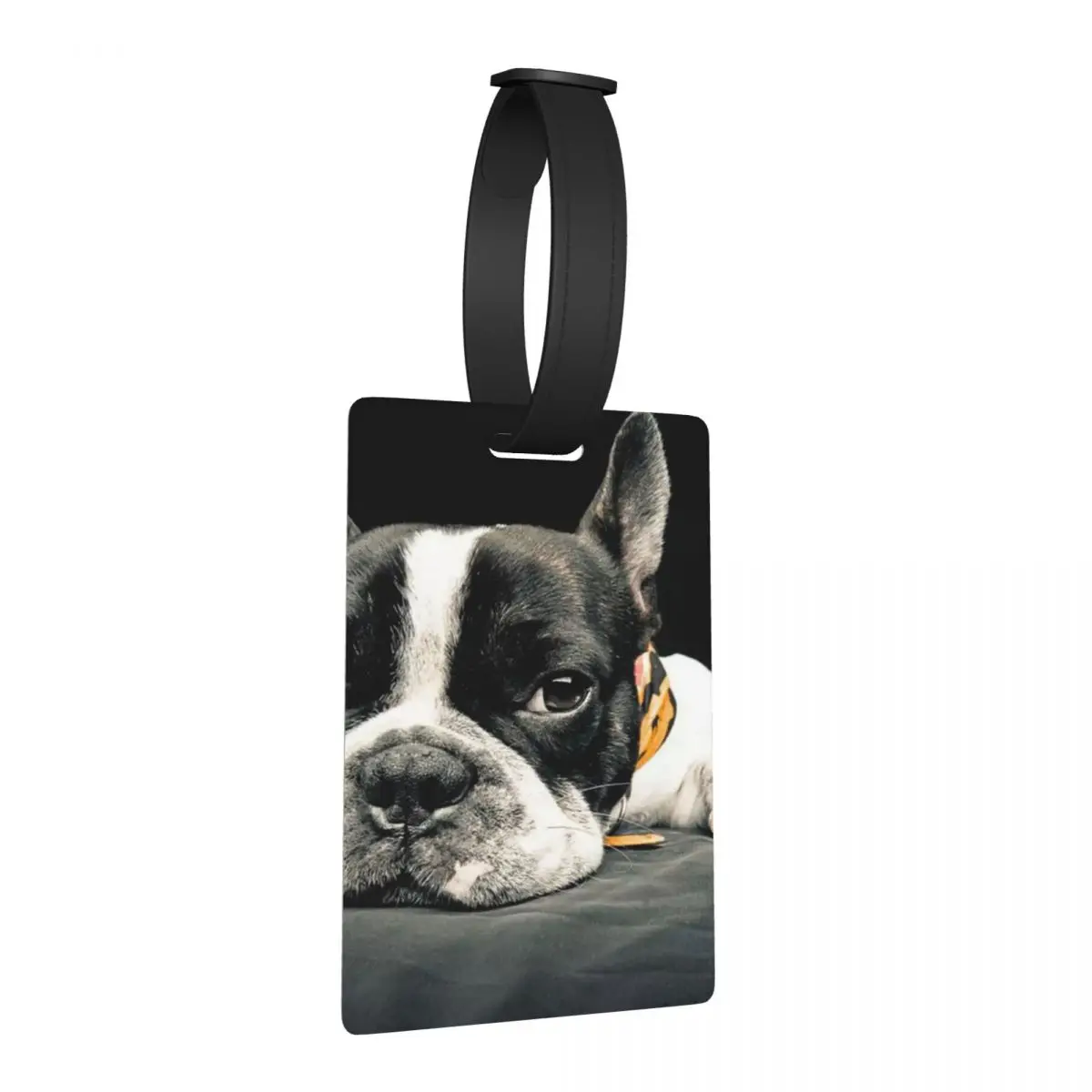 Czarne zawieszki na bagaż z motywem bostoniela, akcesoria do walizek, etykiety na bagaż podróżny, identyfikatory do bagażu, uchwyt na etykiety z imieniem, nazwiskiem i adresem.