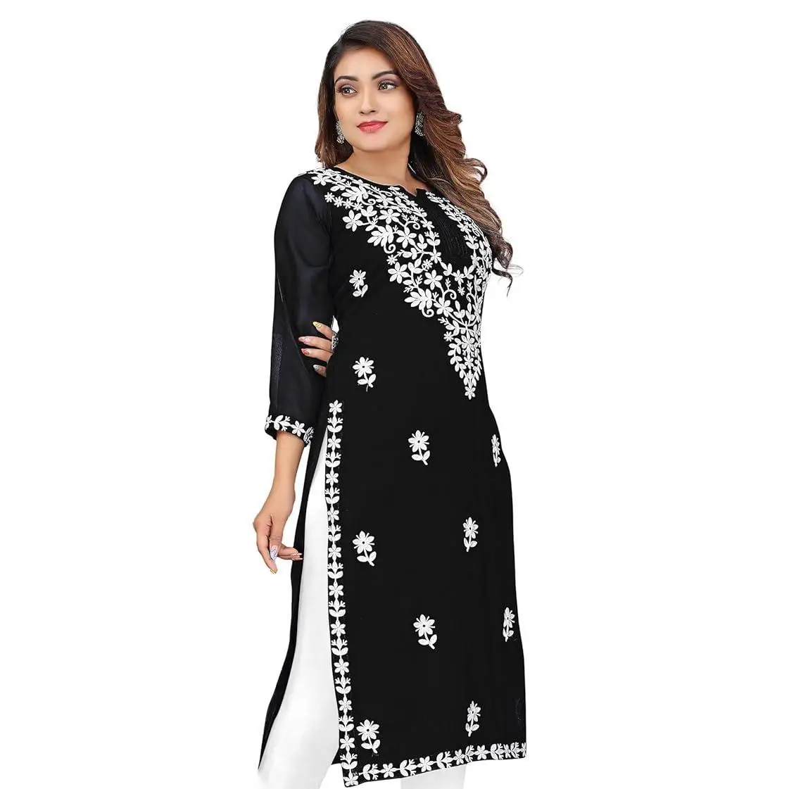 Women's Kurt casual fashion dress long sleeved straight tube casual ethnic flower Mandarin round neck regular size design sense