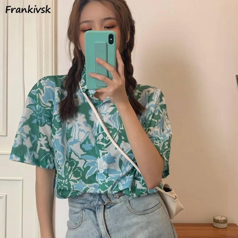 

Shirts Women Print Fashion Short Sleeve All-match Chic Clothing Breathable Button Summer Comfortable Baggy Japanese Style Daily