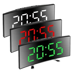 Creative Curved Electronic Clock LED Large Screen Mirror Alarm Clock Students Silent Multifunctional Desktop Clock Ornament