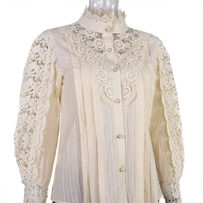 White Lace Blouse Women Spring Summer Sexy Long Sleeve Pearl Button Flower Hollow Out Blusas See Through Mesh Shirt Tops