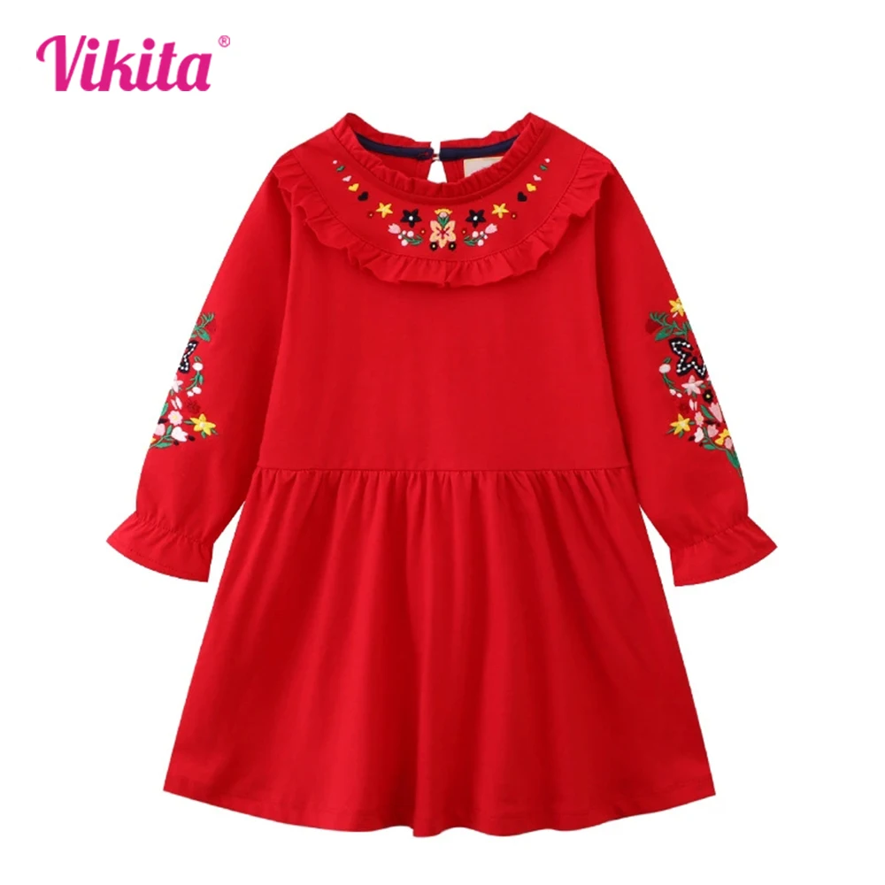 

VIKITA 2025 New Children Clothes Kids Cotton Casual Costumes Girls Long Sleeve Autumn Spring Flower Embroidery Red Dresses 3-7 Y