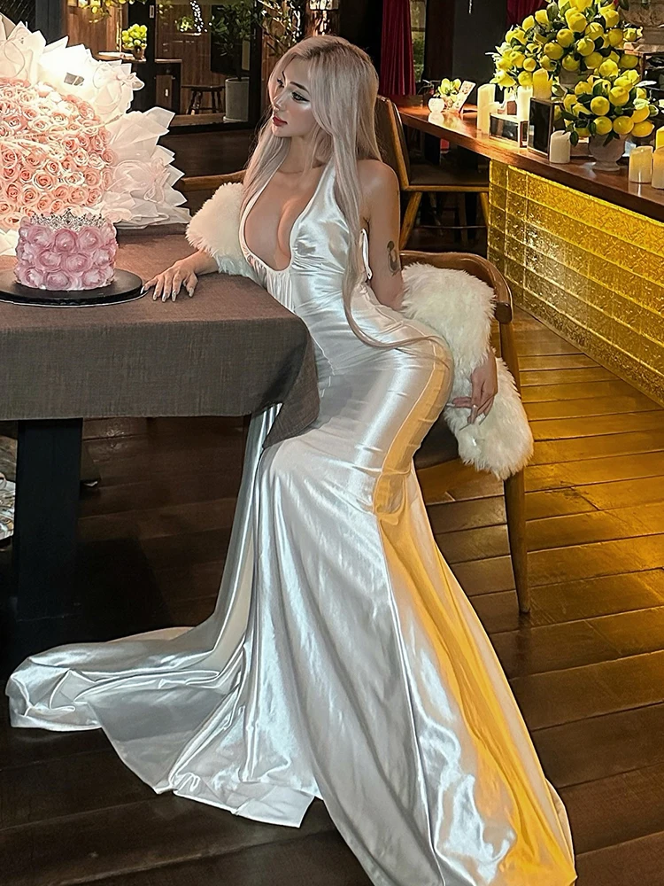 SiSterlinda Sexy Ruched Halter Satin Dress Women Elegant Backless Low Neck Banquet Party Gown Clubwear Stretch Trend Bodycon