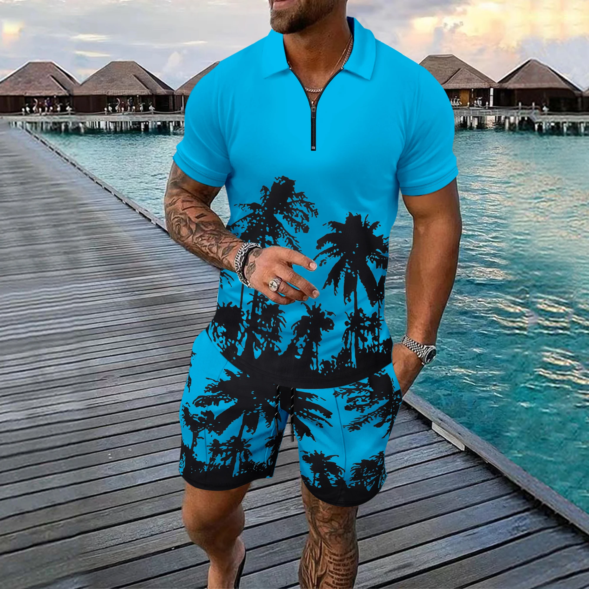 Hawaii 2pcs sets 3D Coconut tree print Zipper Polo Shirt Short Sleeve Shirt and Shorts Casual Fashion Zip-Up Man 2PCS Sweatshirt