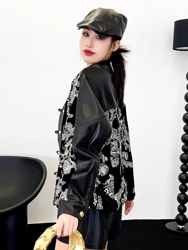 Korean Style Women Short Coat Real Sheepskin Spliced Sequin Jacket Office Lady Fashion V-Neck Bat Sleeve Loose Fit Outerwear