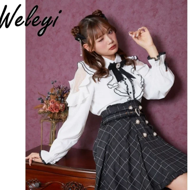 

Girl's Sweet Lolita Blusa Tops 2024 autumn New Women's Long Sleeve Double Pleating Off Shoulder Ruffle Sleeve Bow Rojita Shirts