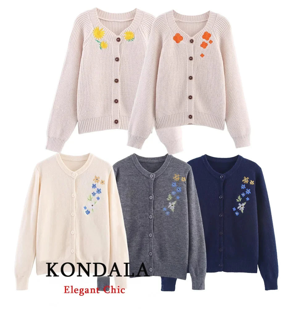 

KONDALA Women Fall Chic Embroidered Cardigan Knitted Slim Cardigan 2025 New Spring Autumn Fashion Elegant Simple Female Cardigan