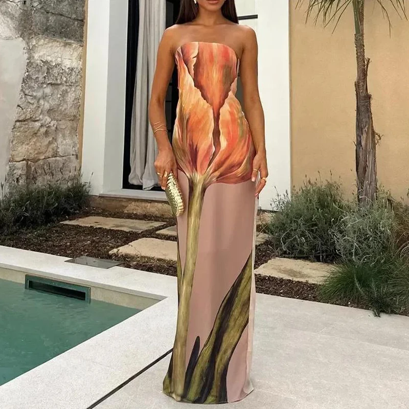 

Flower Printed Strapless Maxi Dress For Women Sexy High Waist Off Shoulder Bodycon Tube Top Dress 2024 Summer Party Vestido