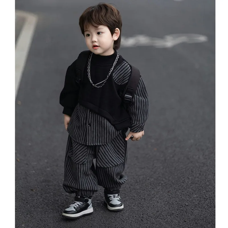 Children\'s Clothes Spring Autumn Boys\' Shirt Pants Two-piece Set Korean Spliced Stripe Street Style Fashion Colored Street Suits