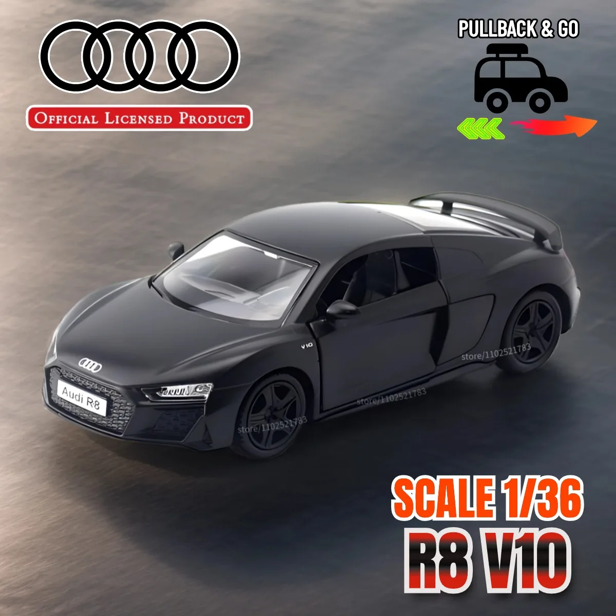 Audi R8 V10 Pullback Car Model Toy Replica 1:36 Scale Diecast Miniature Art Kid Boy Traffic Vehicle Figure Gift