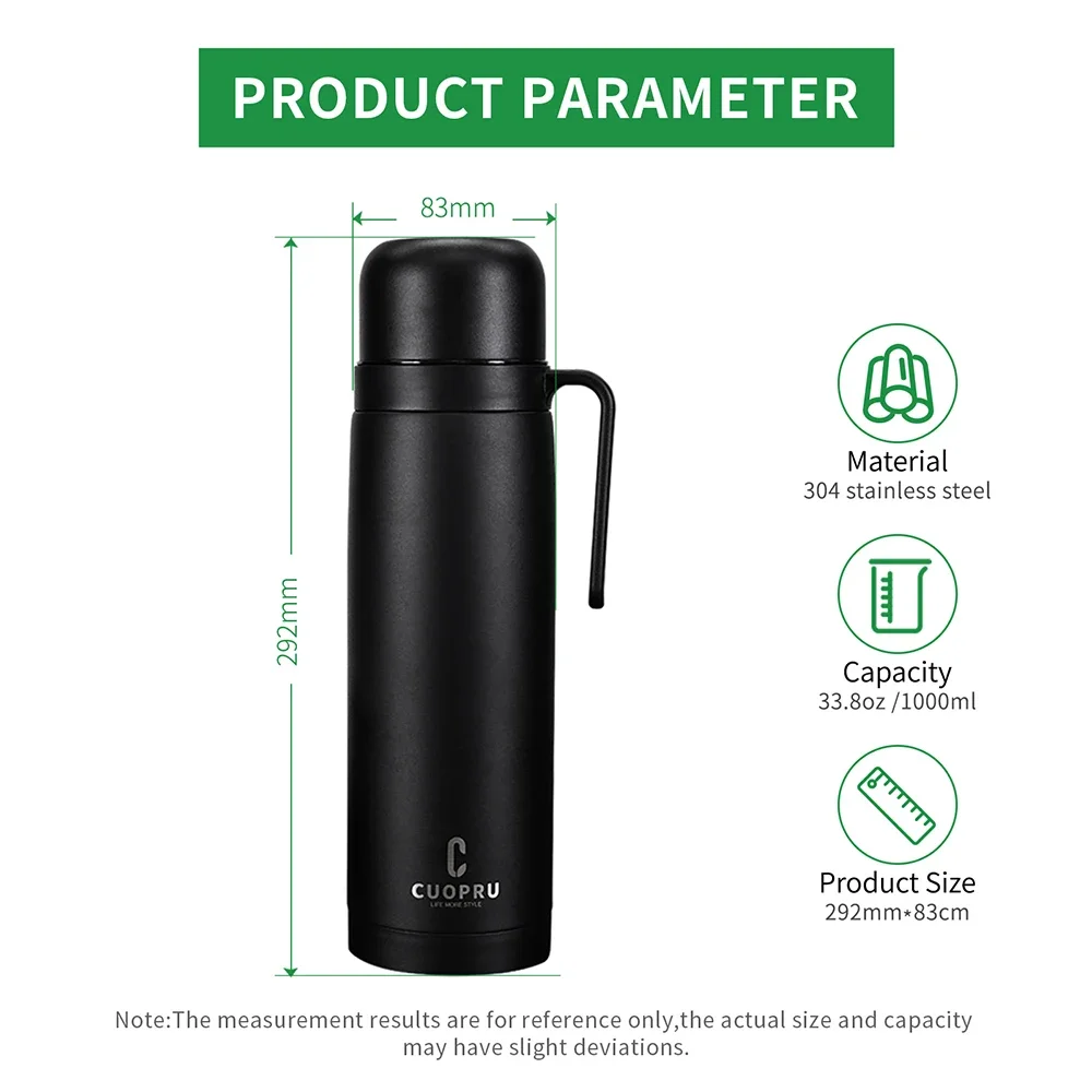 CUOPRU 1000ml Vacuum Thermal Flask, Wide Mouth, Matte Black, Stainless Steel Vacuum Bottle for Yerba Mate, Coffee, Tea, Water