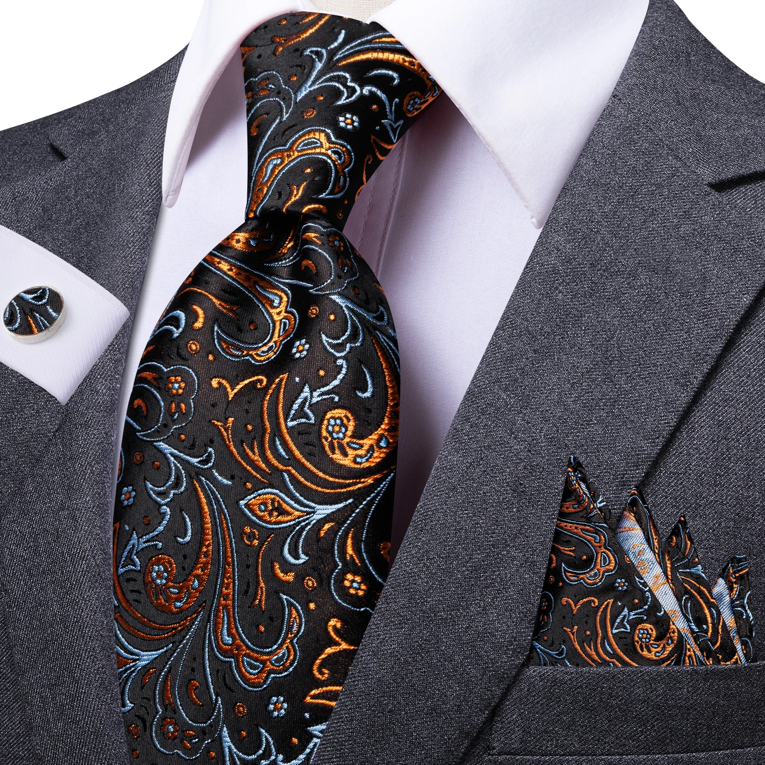 Vintage Paisley Floral Mens Tie Set 3PCS, With Cufflinks Pocket Square For Wedding Party Office