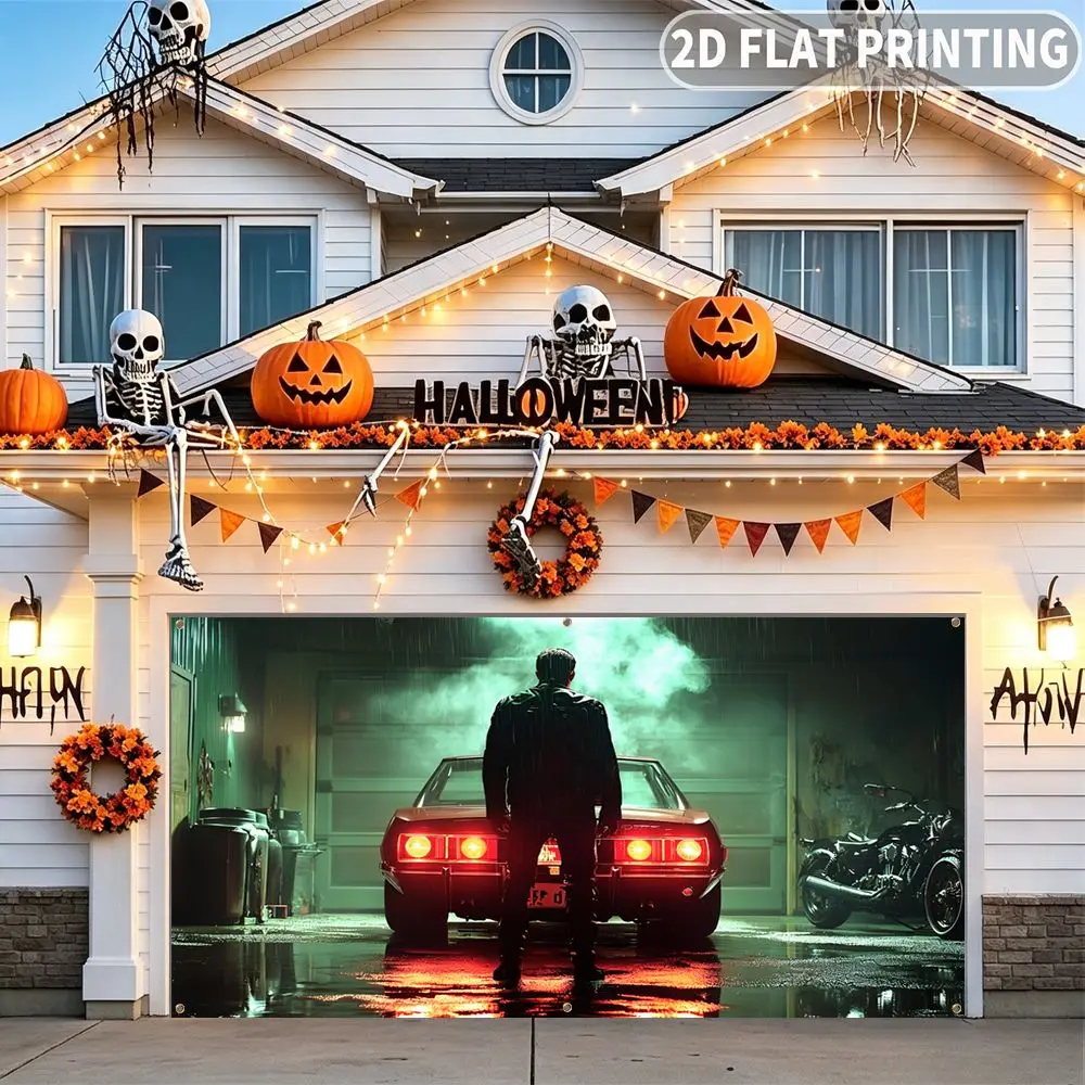 1pc 2D FLAT Halloween Party Garage Banner, Man Standing Before Red Car Pattern, No Power Need, for Garage Door Decor