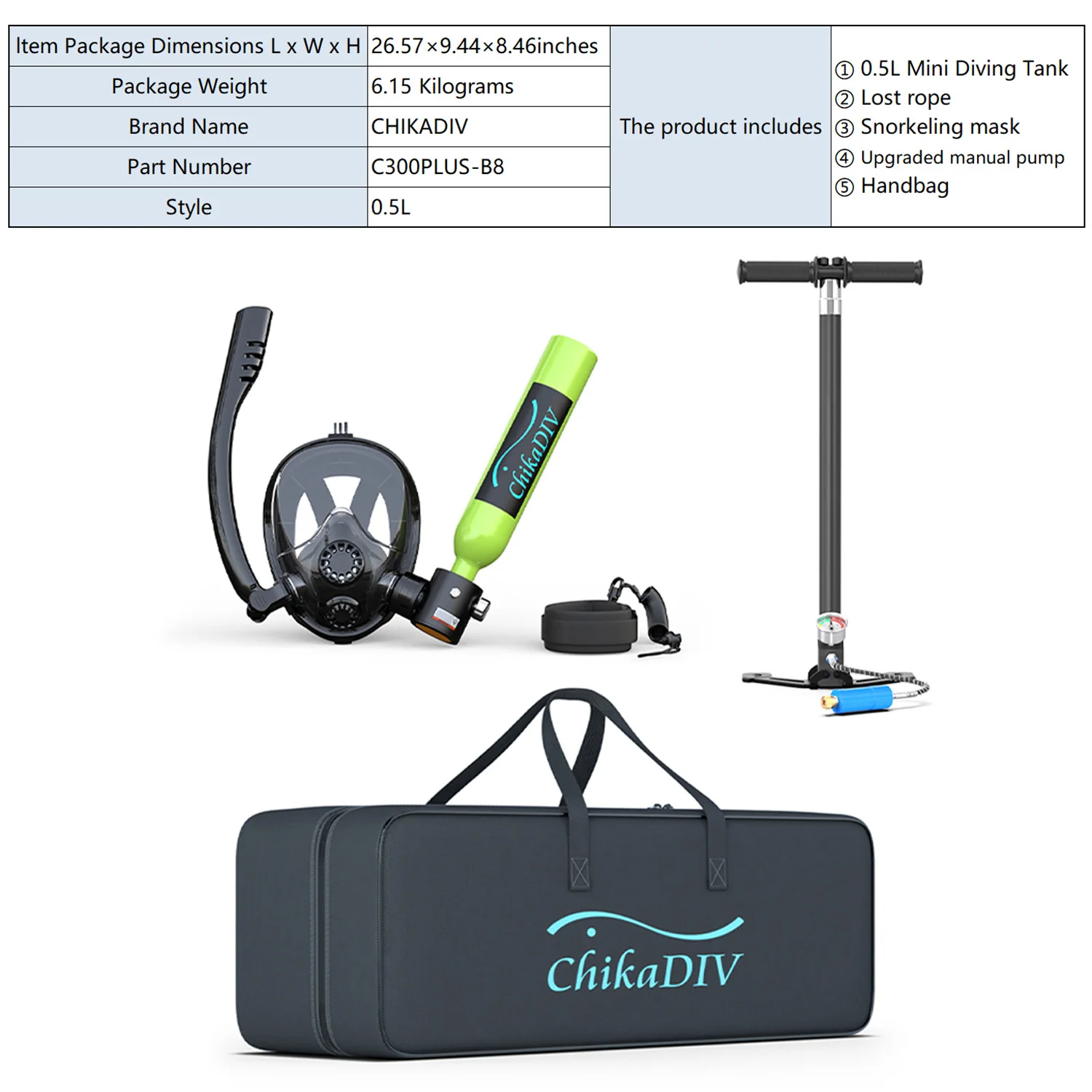 CHIKADIV C300Plus 0.5L Mini Scuba Tank Equipment, Portable Oxygen Tank With New Upgraded Pump and Full Face Mask Christmas Gift