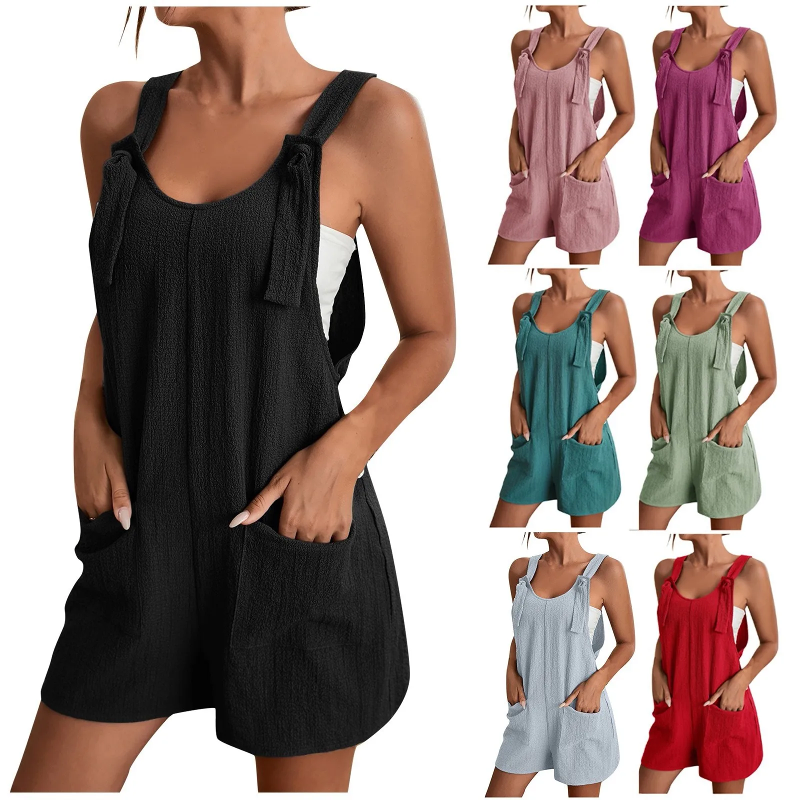 Summer Simple Harajuku Style Jumpsuits Short Pants Solid Color Fashion Loose Adjustable Streetwear Casual One-Piece Shorts