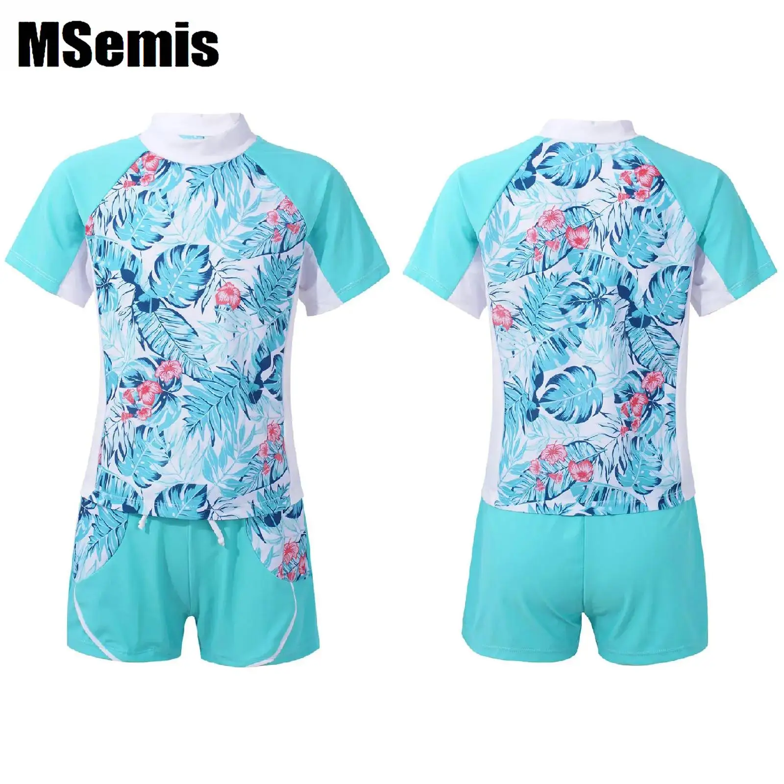 

Floral Print Swimsuits for Kids Girls Short Sleeves Rash Guards Top Drawstring Boyshorts Beach Swimwear Bathing Suits