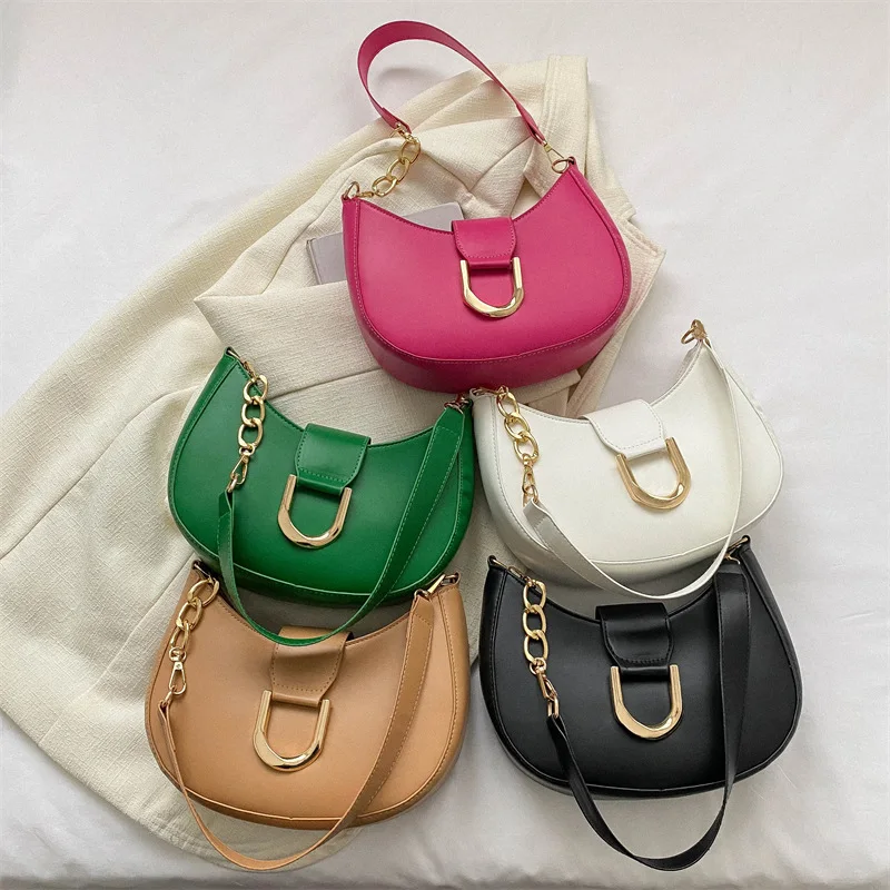 PU Leather Solid Color Semi-Circular Shoulder Bag Elegant French Chain Shoulder Bag Versatile Casual Handbag Fashion Women's Bag