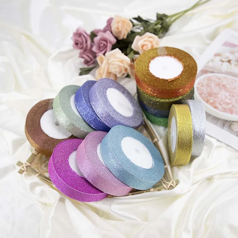 25Y/Lot 6/10/15/20/25/38mm Colourful Glitter Satin Ribbon For Weeding Christmas Party Gift Flower Baking Packing Bow Card Decor