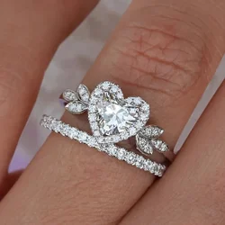 Huitan Creative Heart Rings Set Women for Wedding Brilliant Cubic Zirconia Luxury Trendy Female Accessories Engagement Jewelry