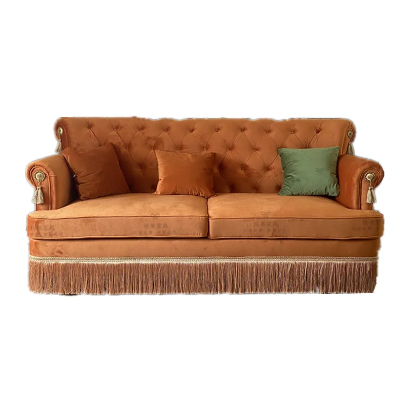 

French pull button caramel color creative velvet living room sofa retro Xiaohongshu fringed vintage furniture