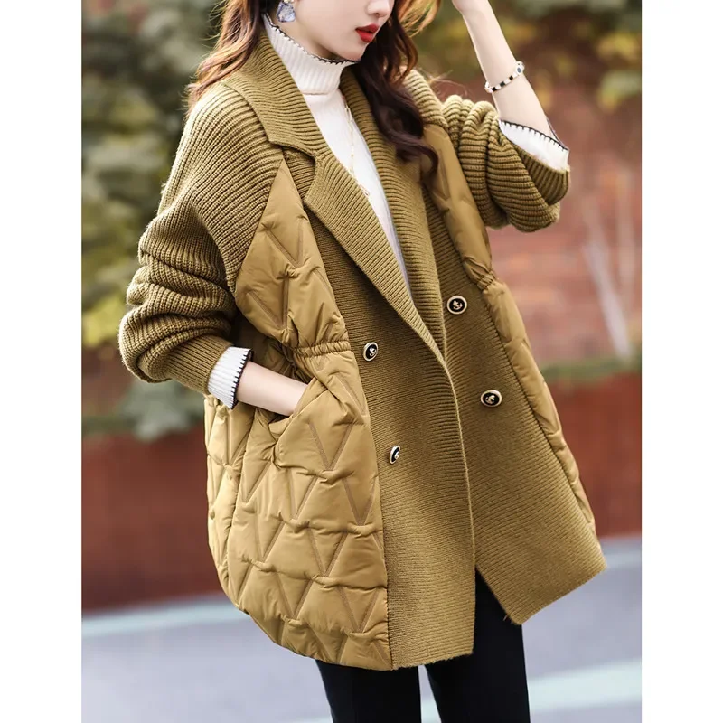 SuperAen Fashion Knitting Patchwork Quilted Coats Jacket Women Winter 2024 New Europe and America Turn-down Collar Loose Sweater