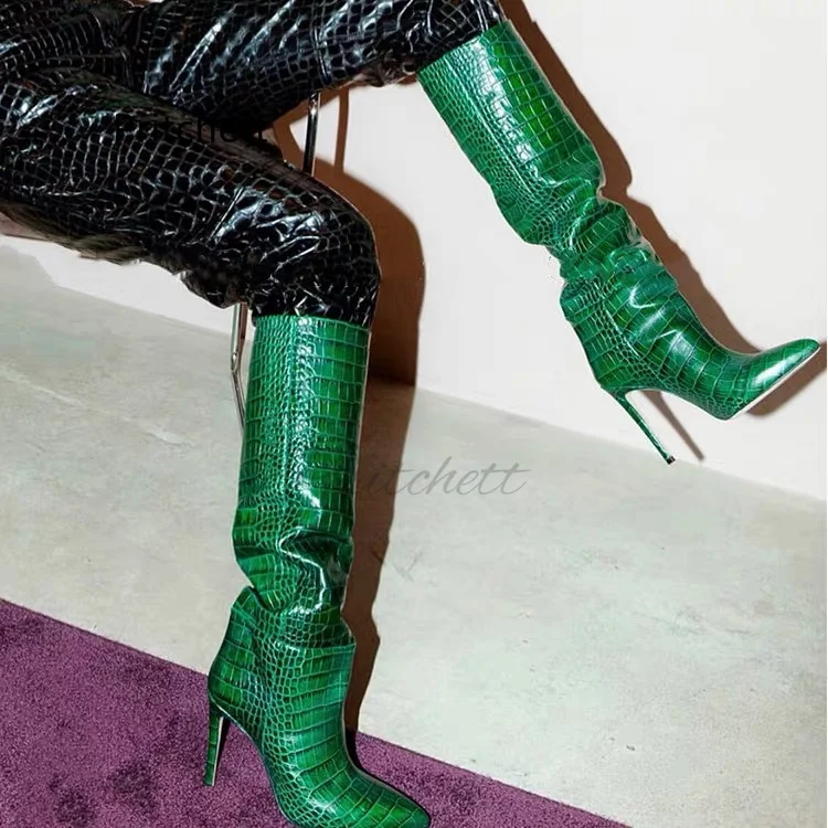 

Alligator Print Pointed Knee High Boots Women Straight Knight Boots Stiletto Heel Slip-On Runway Modern Boots High Heel Shoes