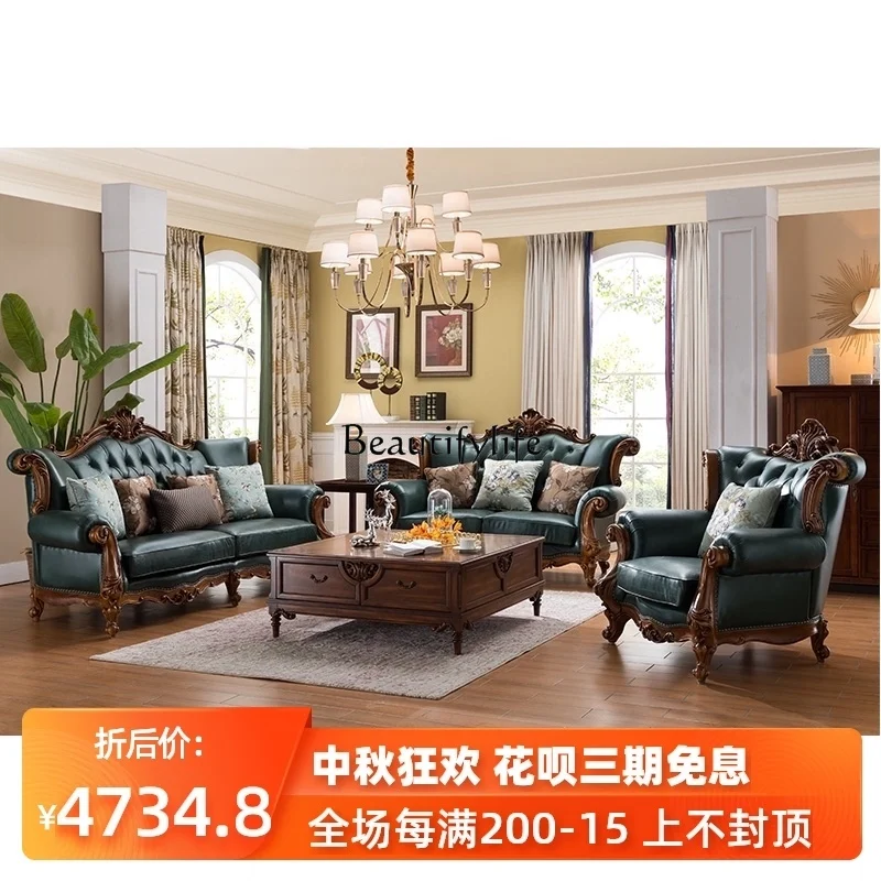 -*American all-solid wood leather sofa European light luxury villa large luxury living room