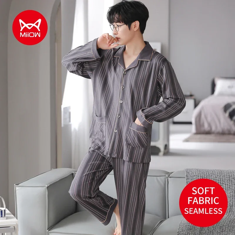 MiiOW Men\'s Winter Pajamas Set Loose Turn-down Collar Long-sleeves Homewear Soft Full Cotton Sleepwear Male Striped Nightwear