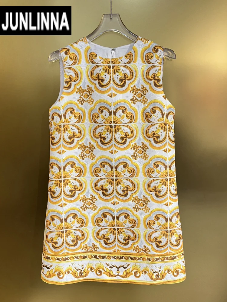 JUNLINNA Fashion Jacquard Dress Summer Women O-Neck Sleeveless Yellow Porcelain Printing Vintage Mini Vestidos Sweet Girl's