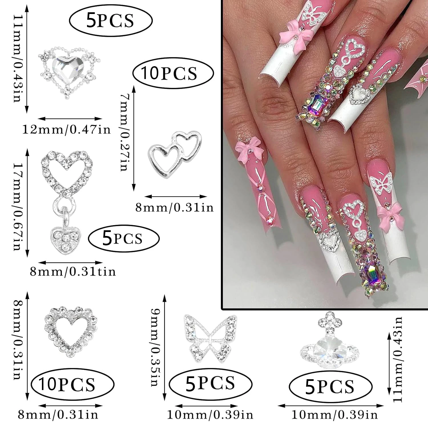 40 Uds. De dijes para uñas con forma de planeta, dijes 3D de mariposa plateada para decoración de uñas, diamantes de imitación, gemas para uñas con forma de corazón, dijes de planeta Saturno para uñas