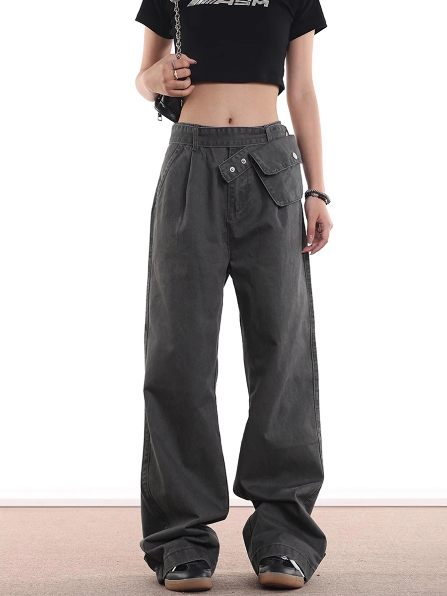 ReddaChic Big Pocket Wide Leg Cargo Jeans Women Retro Gray Removable Waist Pouch Belted Wide Leg Denim Pants Harajuku Streetwear