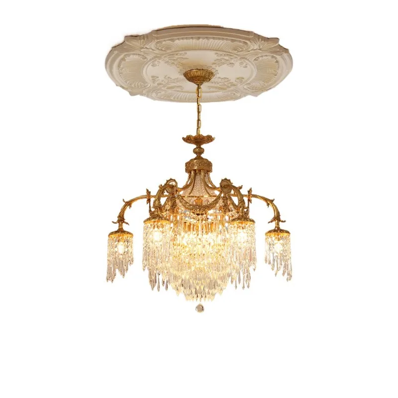 

French all-copper living room crystal chandelier, European-style luxury atmospheric villa romantic dewaxing retro lamps