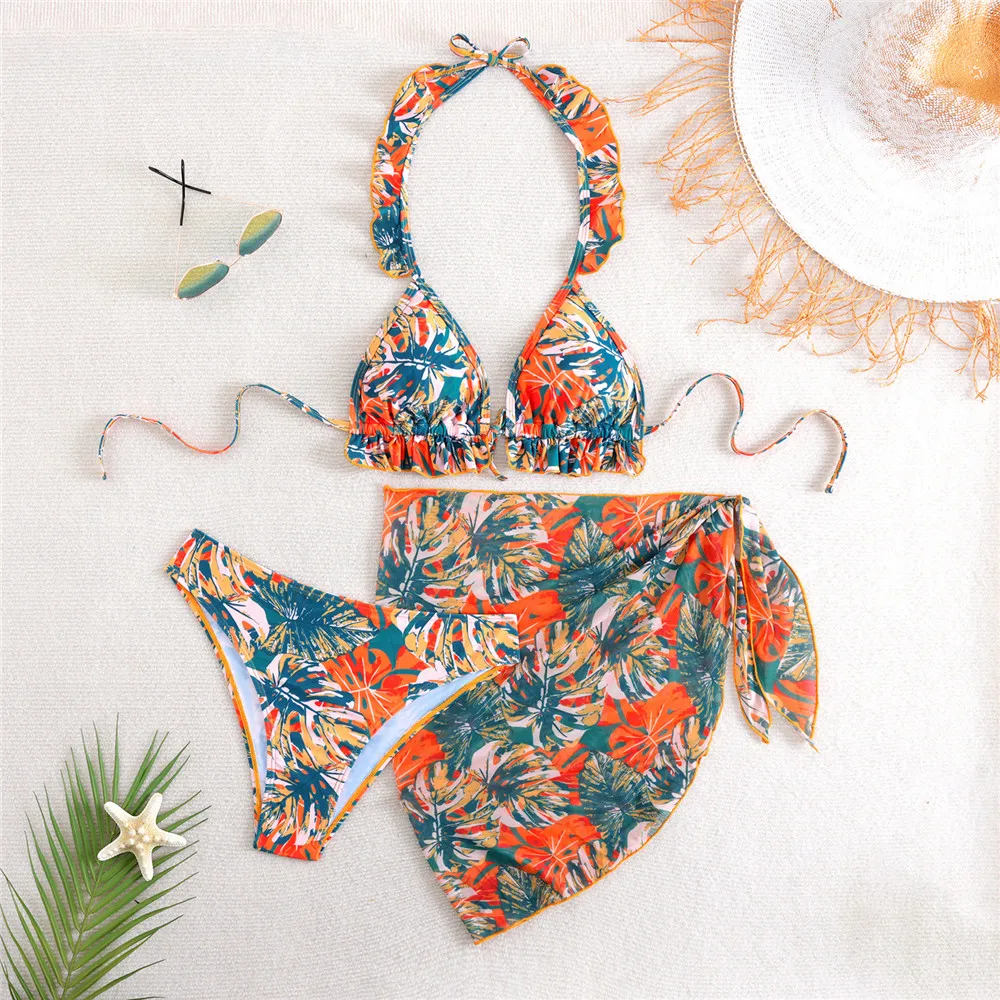 リーフプリント フリル付き ホルターネック 水着 3点セット ビキニ メッシュカバーアップ セクシー水着 レディース 2026 水着 レースアップビキニ 女性用