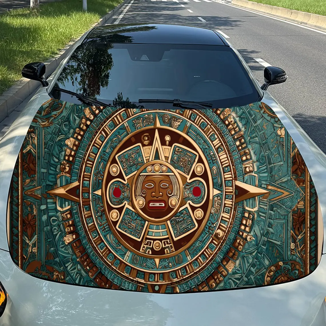 

Artistic Aztec Pattern PVC Car Engine Hood Vinyl Wraps, Self-Adhesive Waterproof Car Hood Decal Sticker, Car Decoration Protecti