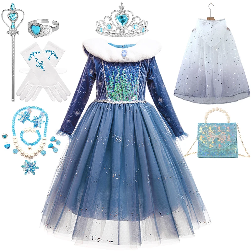 

Christmas Girl Full Sleeve Velvet Keep Warm Elsa 2 Costume Halloween Cosplay Snow Queen Princess Birthday Party Masquerade Dress