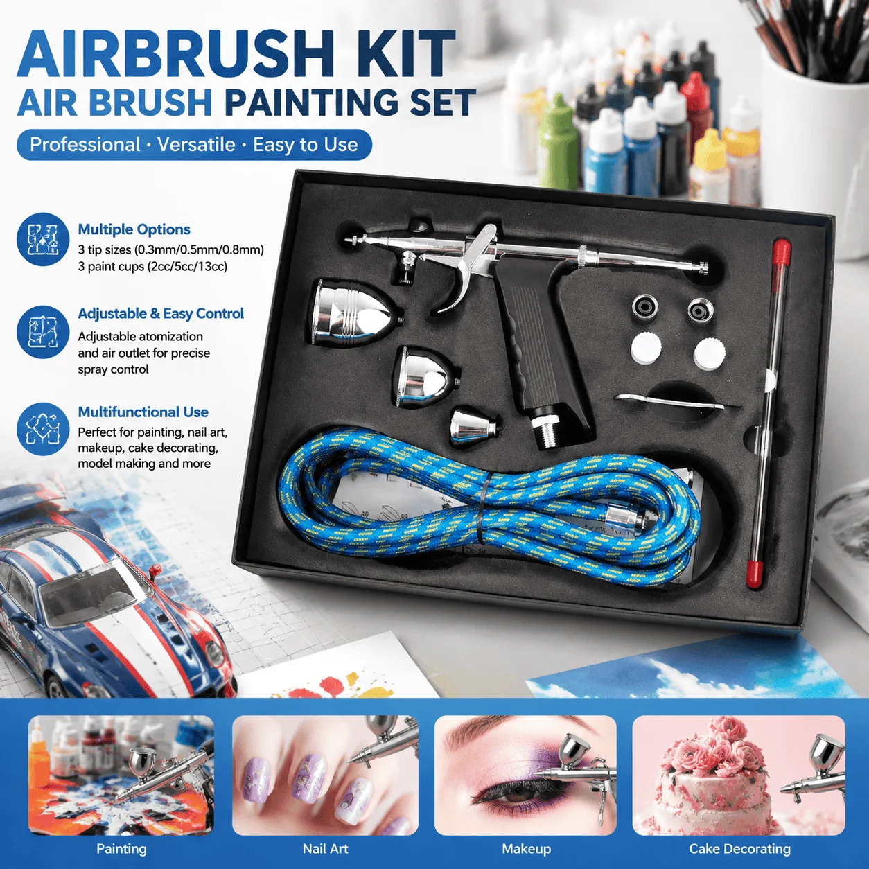 Professional Dual Action Airbrush Kit with 03mm 05mm 08mm Needles and 2 5 13cc Paint Cups for Nails Art Cake Decorating Tattoo Model Body Painting Craft DIY Hobby Tools Ideal for Beginners and Pros in Cosmetics Art Design and Craft Projects