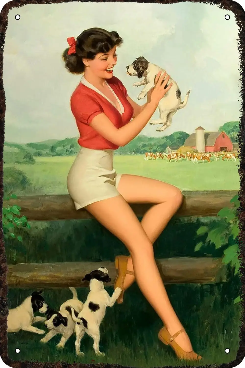 Metal Signs Pinup Girl Sexy Lady And Spotted Dog Vintage Tin Sign Funny Art Wall Decorations for Home Man Cave Bedroom Bar Bathr