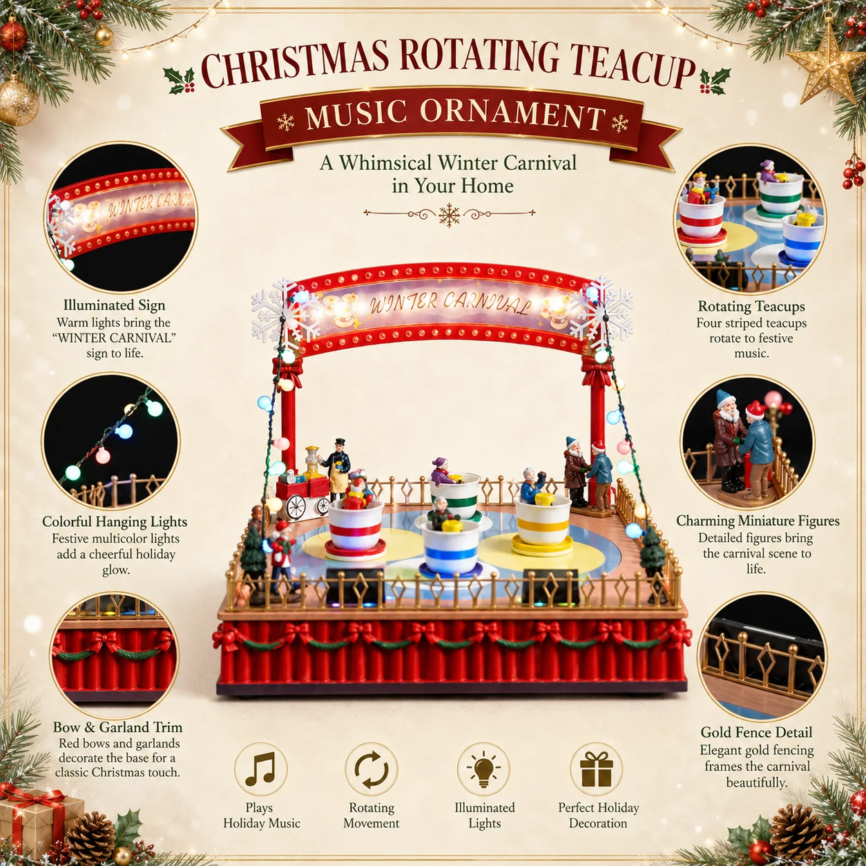 Christmas Rotating Teacup Music Ornament with LED WINTER CARNIVAL Sign, Striped Teacups & Gold Fence 28cm