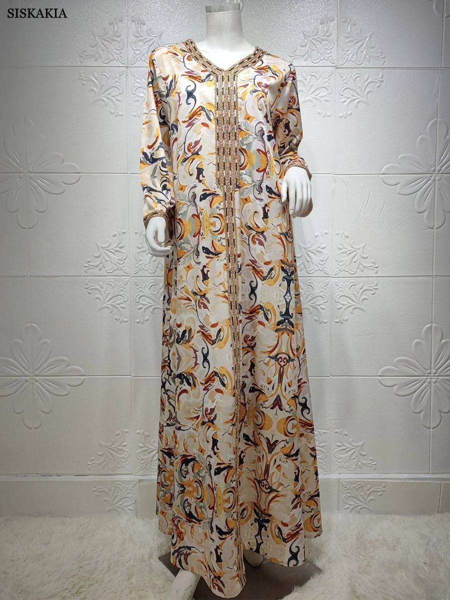 Siskakia Muslim Abayas Uae Dubai Chic Ethnic Printing Tape Trim Full Sleeve V-Neck Elegant Casual Kaftan Dresses Womens Dubai