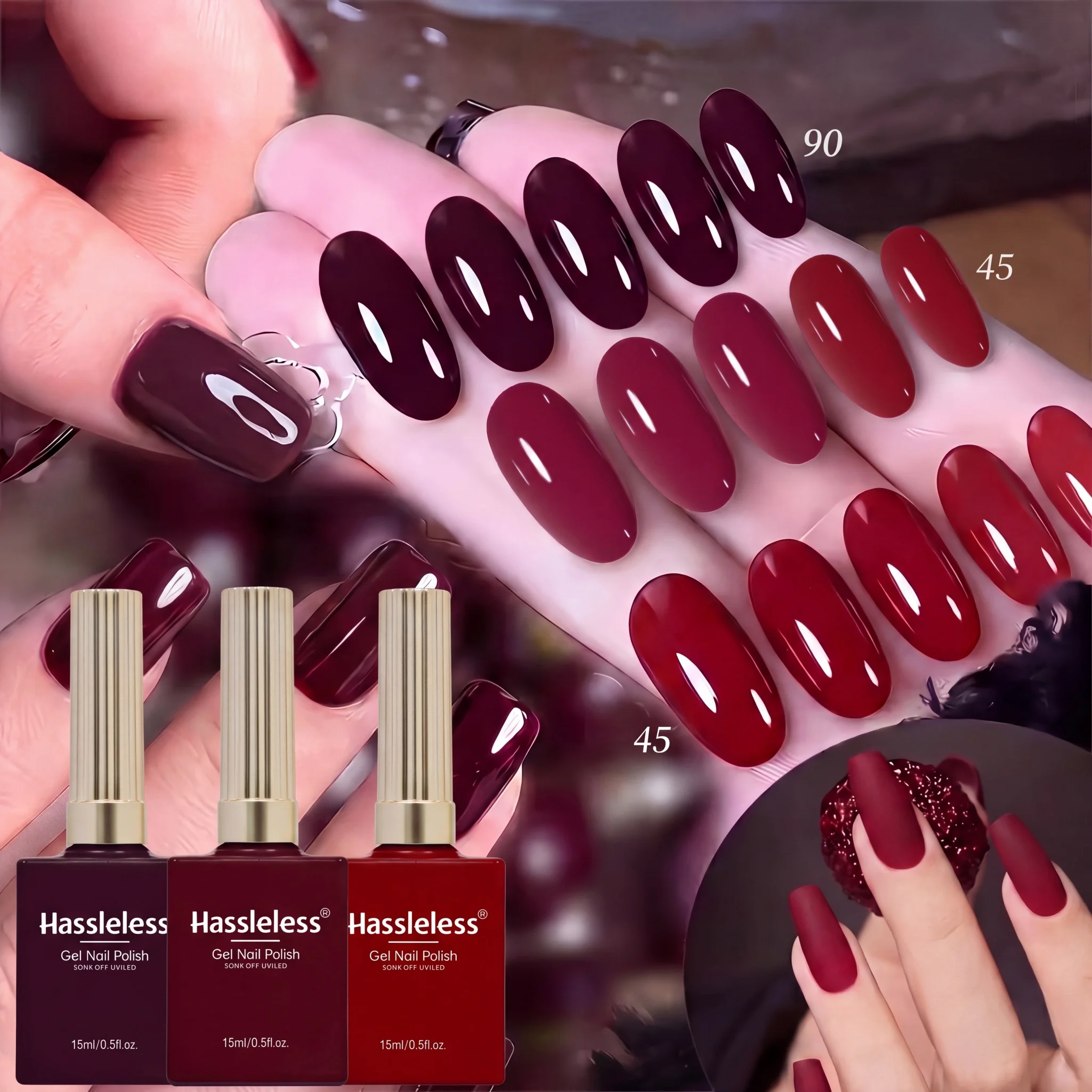 Hassleless 3Pcs Wine Red Cherry Solid Color Nail Polish Gel Set Uv Removable Nail Polish Gel Whitening Red Brown Series Nail Gel Salon Home DIY Nail Art