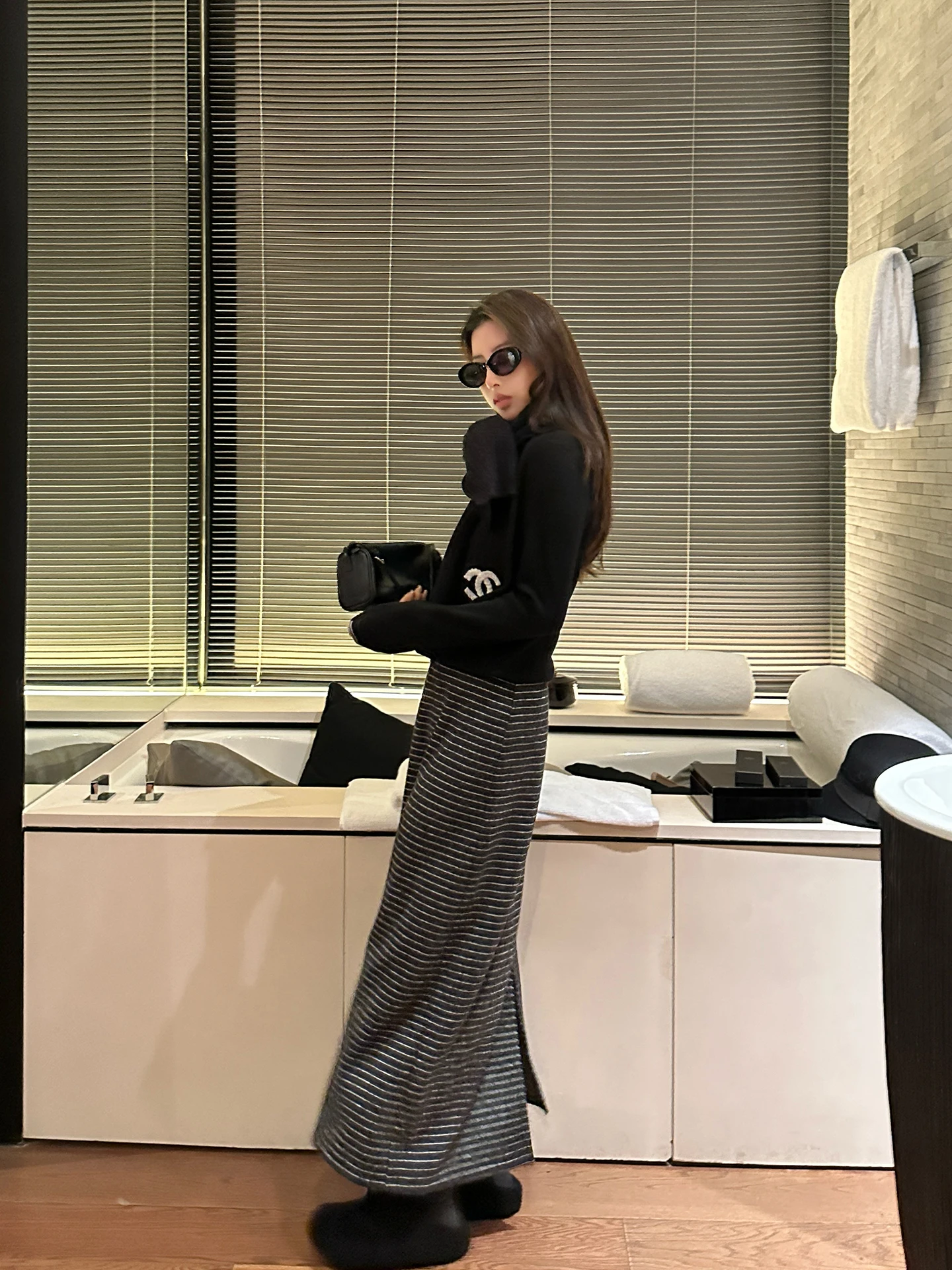 EKOOL กระโปรงลายทางเอวสูงผ้าวูลอะซิเตทกระโปรงยาวทรงเอเอวยืดหยุ่นสำหรับผู้หญิงฤดูหนาวสไตล์เกาหลีสวมใส่สบายๆ