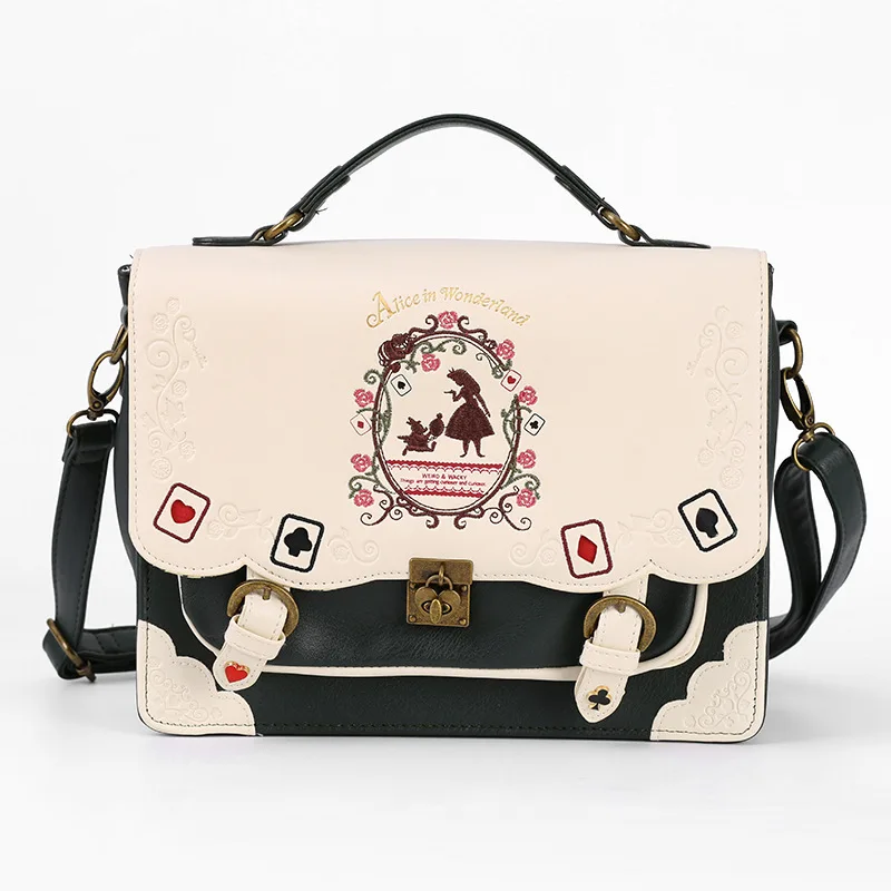 Disney Alice in Wonderland Backpack For Women PU Leather Embroidery Cartoon Lolita Handbag Vintage Cambridge Schoolbag For Girls