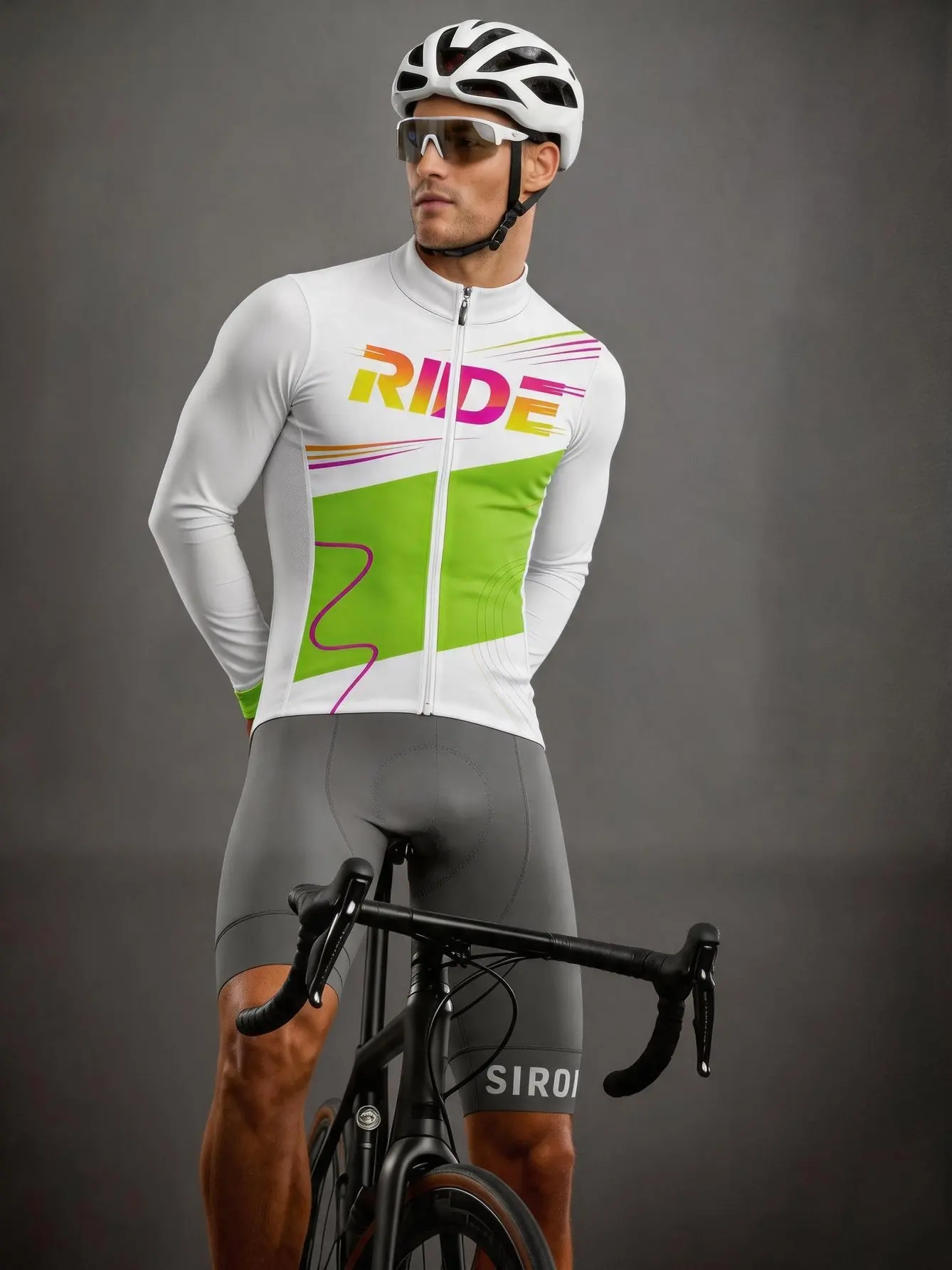 Unisex Cycling Long Sleeve Jersey Spring Autumn White Green RIDE Text Color Block Print Slim Fit Quick Dry Zipper Stand Collar D