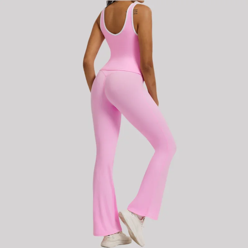 

Women 2 Piece Seamless Yoga Set Butt-Lifting Micro Flared Wide Leg Pants Contrast Color Sports Vest Quick-Dry Gym Running Outfit