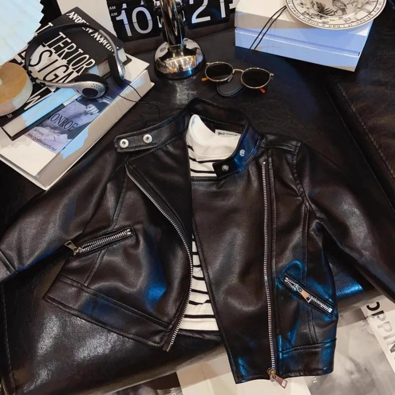 

Girls' Short Leather Jacket Spring and Autumn New Style Children's Fashion Casual Korean Edition Leather Jacket